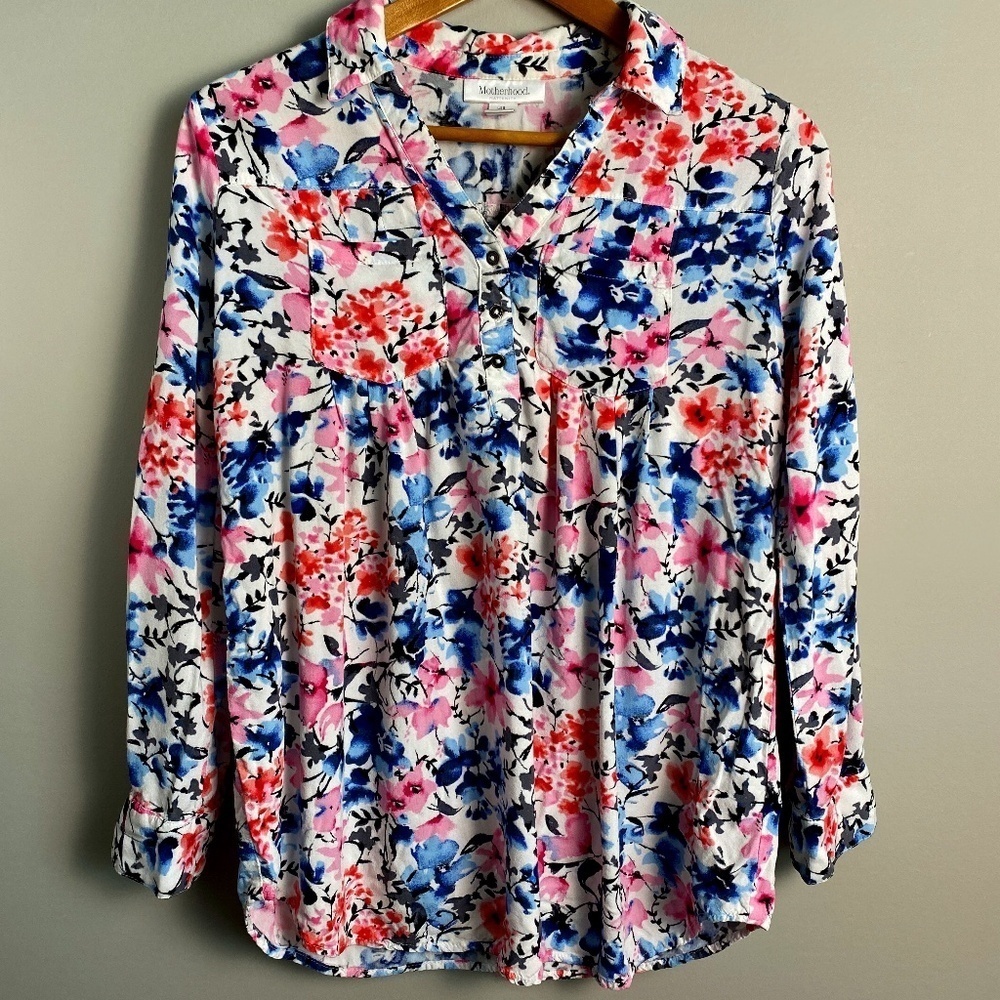 Motherhood Maternity Colorful Allover Floral Print V-Neck Collared Top Small